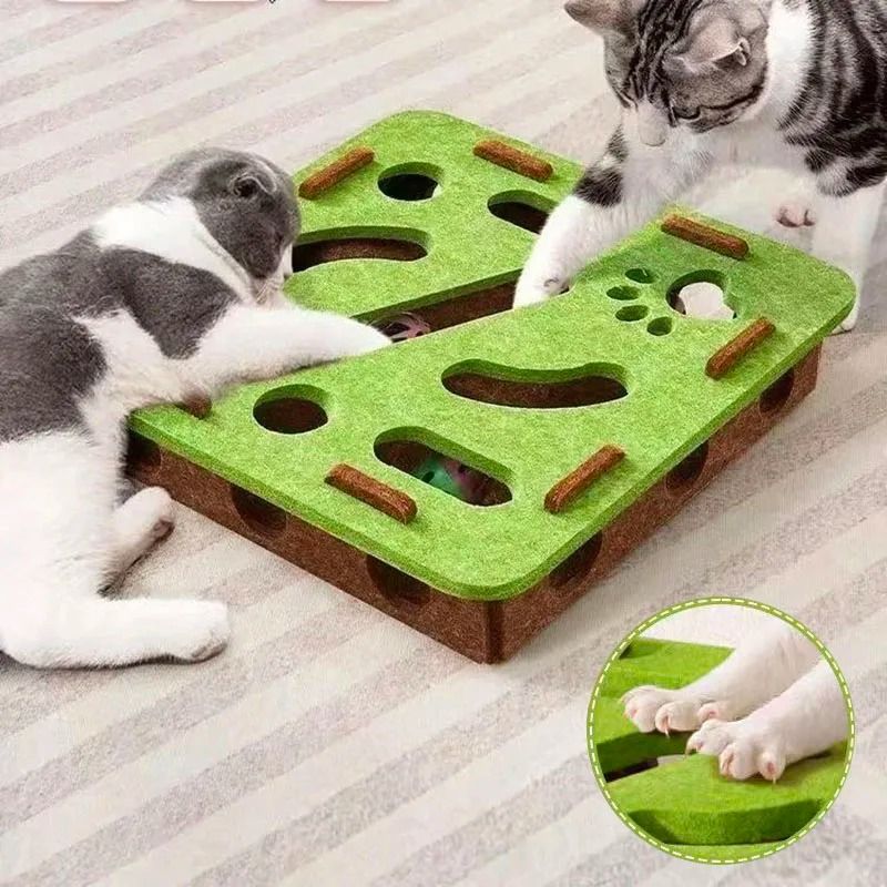 Felt Cat Puzzle Maze Box With Bell Ball Interactive Toy green