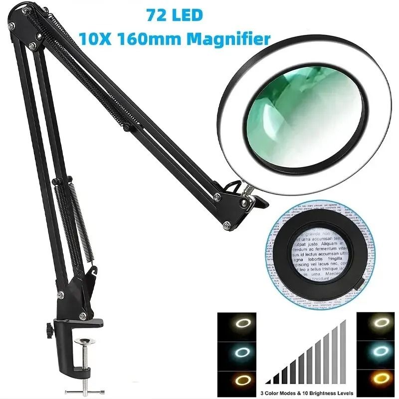 72LED Illuminated Magnifying Light With USB & Adjustable Arms long Version black