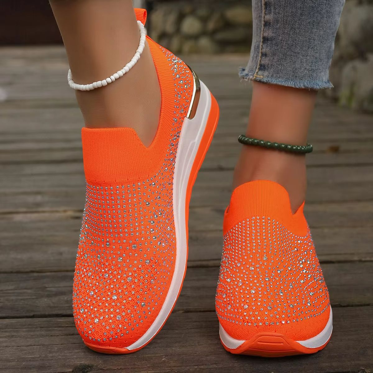 Women's Rhinestone Wedge Sneakers Breathable Lightweight Slip On Mesh Casual Shoes orange 40(us 7.5)