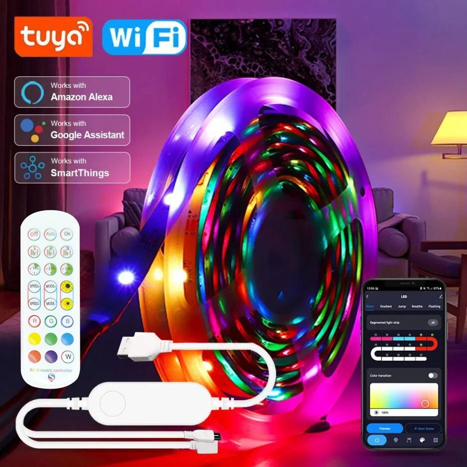 USB LED Strip Lights Tuya RGB 5050 Color Changing Tape 15 Meter 590.55 In tuya Wifi app 24 Key