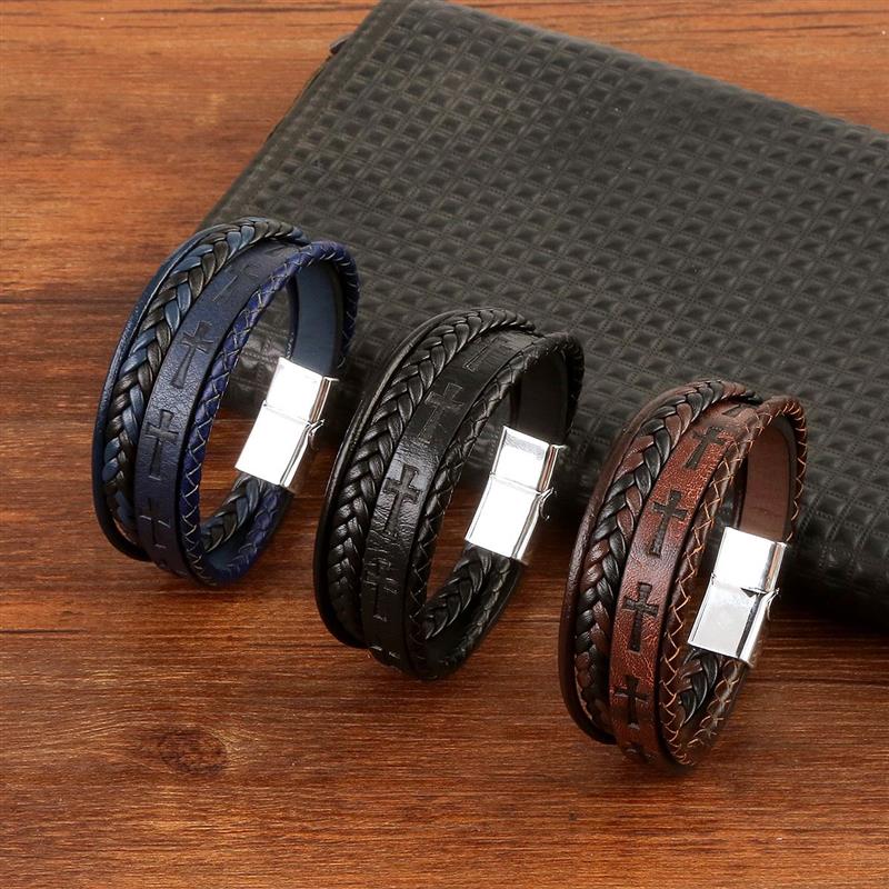 Vintage Handwoven Hip Hop Punk Bracelets With Cross Logo, Leather Hand Jewelry Gift For Men And Women black 21cm