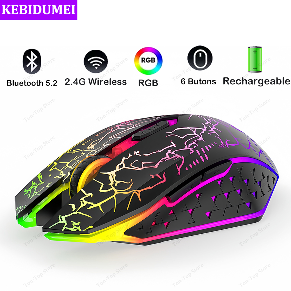 Dual Mode Gaming Mouse, Bluetooth 5.2 Mouse, RGB 2.4G Wireless Mouse, 6 Buttons, Silent Mouse For MacBook, Tablet 2.4g Bt5.2 Black
