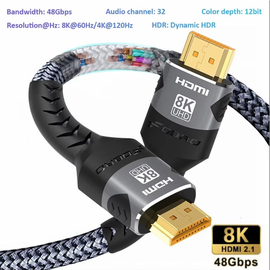 Ultra High Speed HDMI 2.1 Braided Cable (4K At 120Hz | 8K A60Hz) 48 Gbps Transfer | DTS:X | HDR10 | PS5 Laptop Ready 8k Hdmi Cable 2 1m