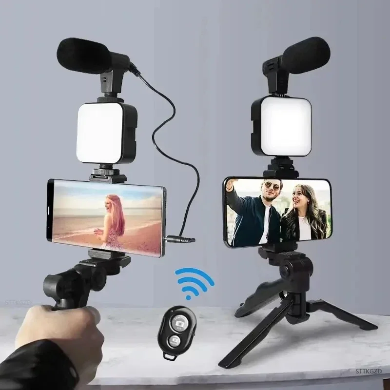 Vlogging Kit For Smartphone, LED Light, Mini Microphone, Adjustable Tripod Phone Holder, Starter Set For Live Streaming Vlogging Kit For Smartphone, LED Light, Mini Microphone, Adjustable Tripod Phone Holder, Starter Set For Live Streaming
