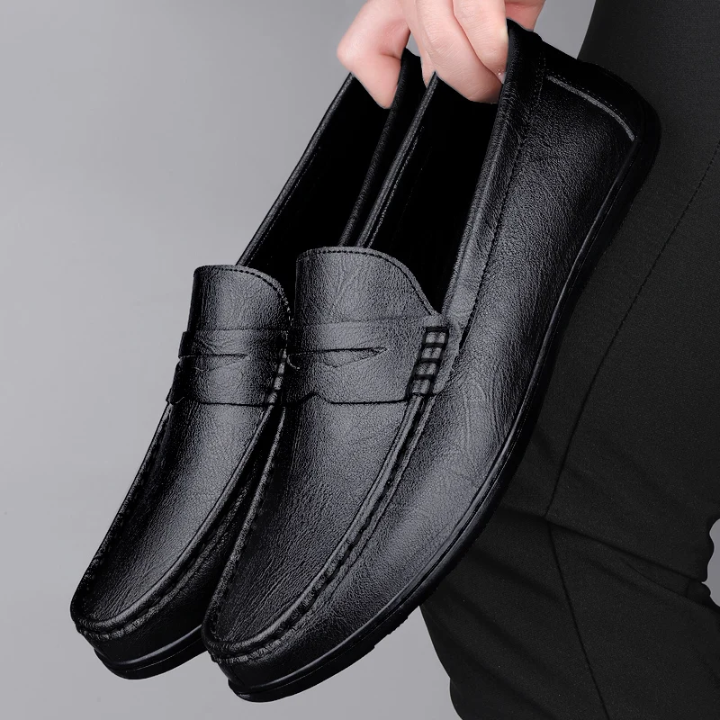 Luxury Genuine Leather Men Casual Shoes, Breathable Formal Dress Loafers & Slip On Boat Shoes For Stylish Comfort black 41