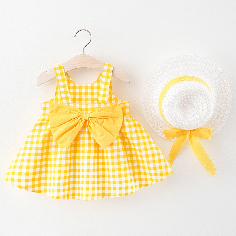 2Piece Summer Toddler Girl Clothes Set Cute Bow Plaid Sleeveless Cotton Princess Dress With Sunhat Beach Outfit Newborn a 10(12 24months)