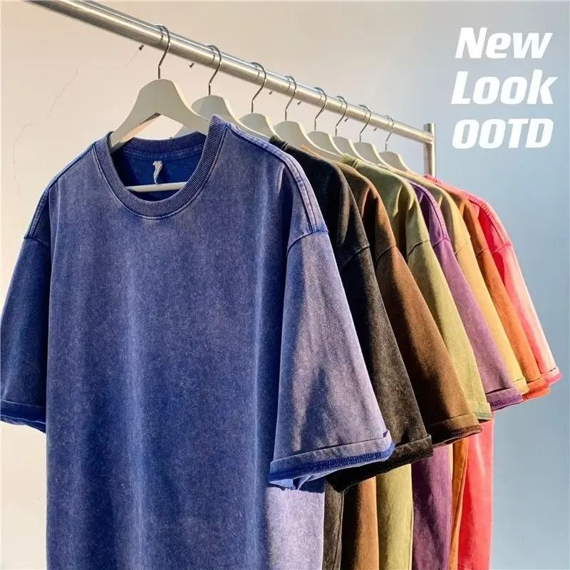 American Style Retro Heavyweight Solid Color Short Sleeve T Shirt For Men And Women s blue