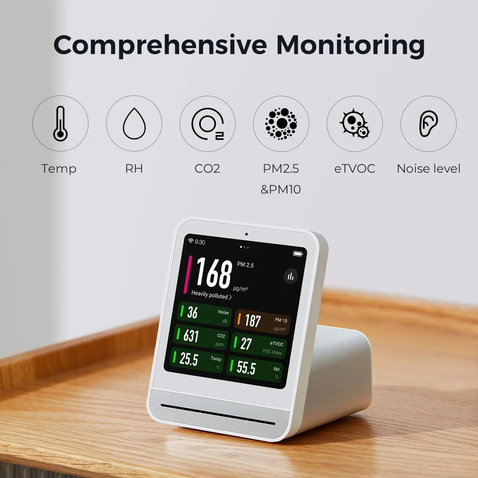 Smart Air Quality Monitor With CO2 PM2.5 Temperature And Humidity Sensor black