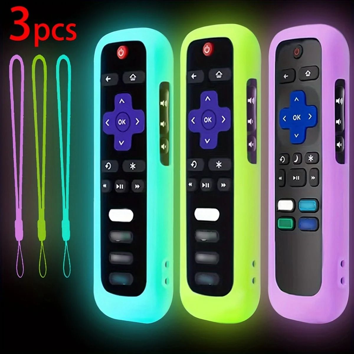 Luminous Silicone Remote Control Case With Strap For TCL Hisense Roku TV 3pc set