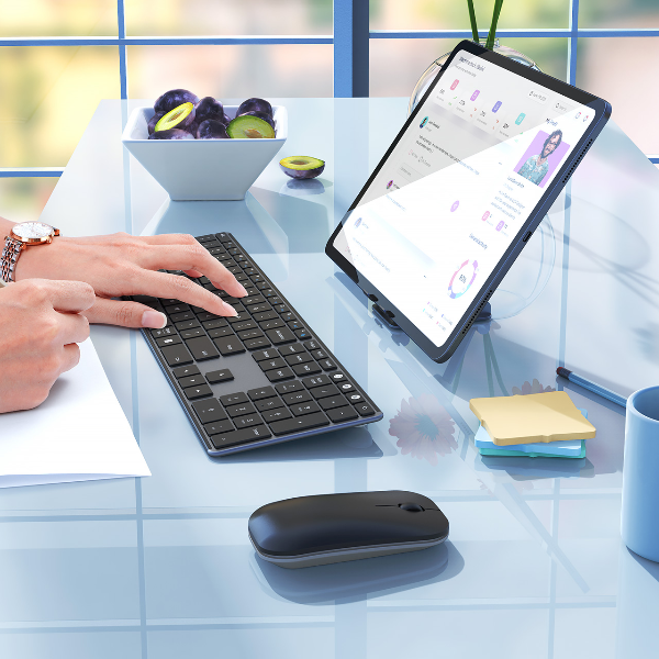 Multi Device Bluetooth Keyboard & Mouse Combo, Seenda Rechargeable Slim Wireless Set For Win Mac, Laptop, Tablet, PC black gray