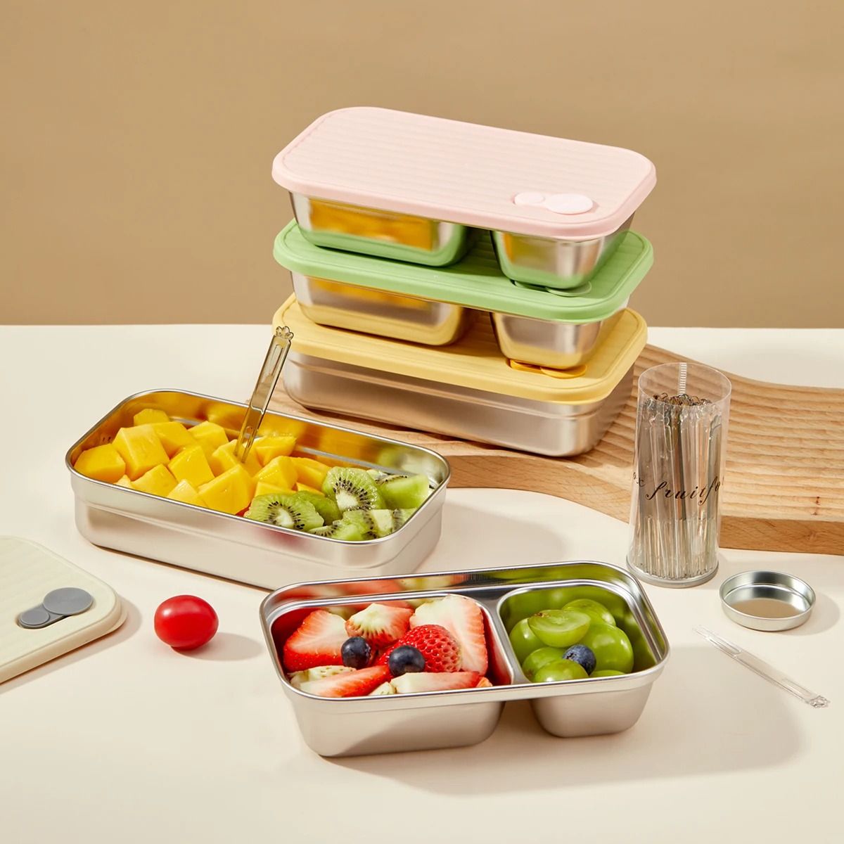 Portable Stainless Steel Lunch Box Leak Proof Bento Container For Kids And Adults beige 700ml