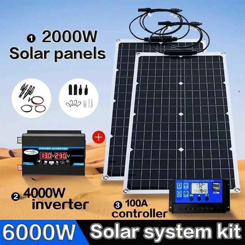 Flexible Solar Panel System With Battery Charger Controller And Inverter Kit blue 6000w 220v