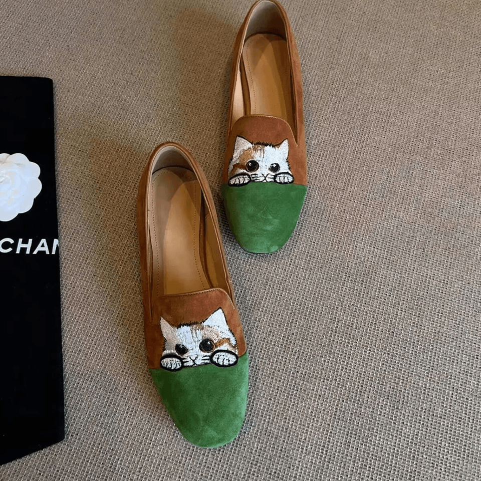 Cat Embroidered Square Toe Ballet Flats Women Comfort Slip On Shoes 7.58 green brown 2