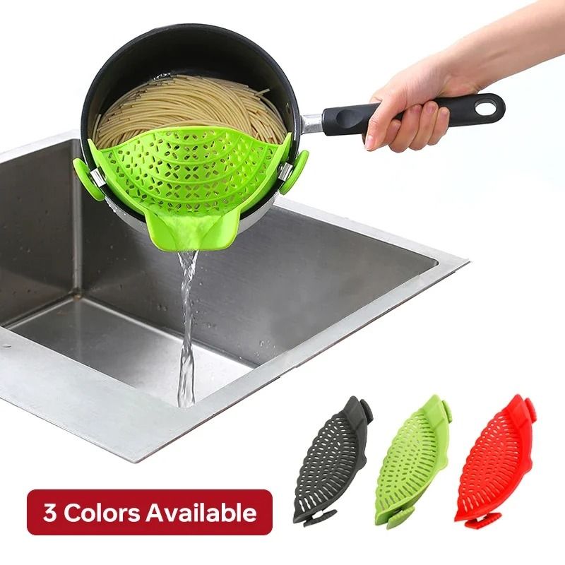 Universal Silicone Clip On Pan Pot Strainer For Pasta Fruit And Vegetables red