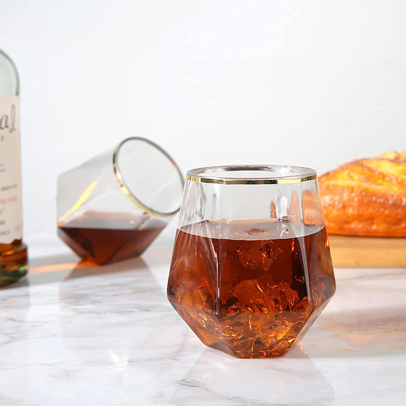 Hexagonal Whiskey Glass, Gold Edged Diamond Glass, Transparent Plastic Household Tumbler, Foreign Wine Glass transparent