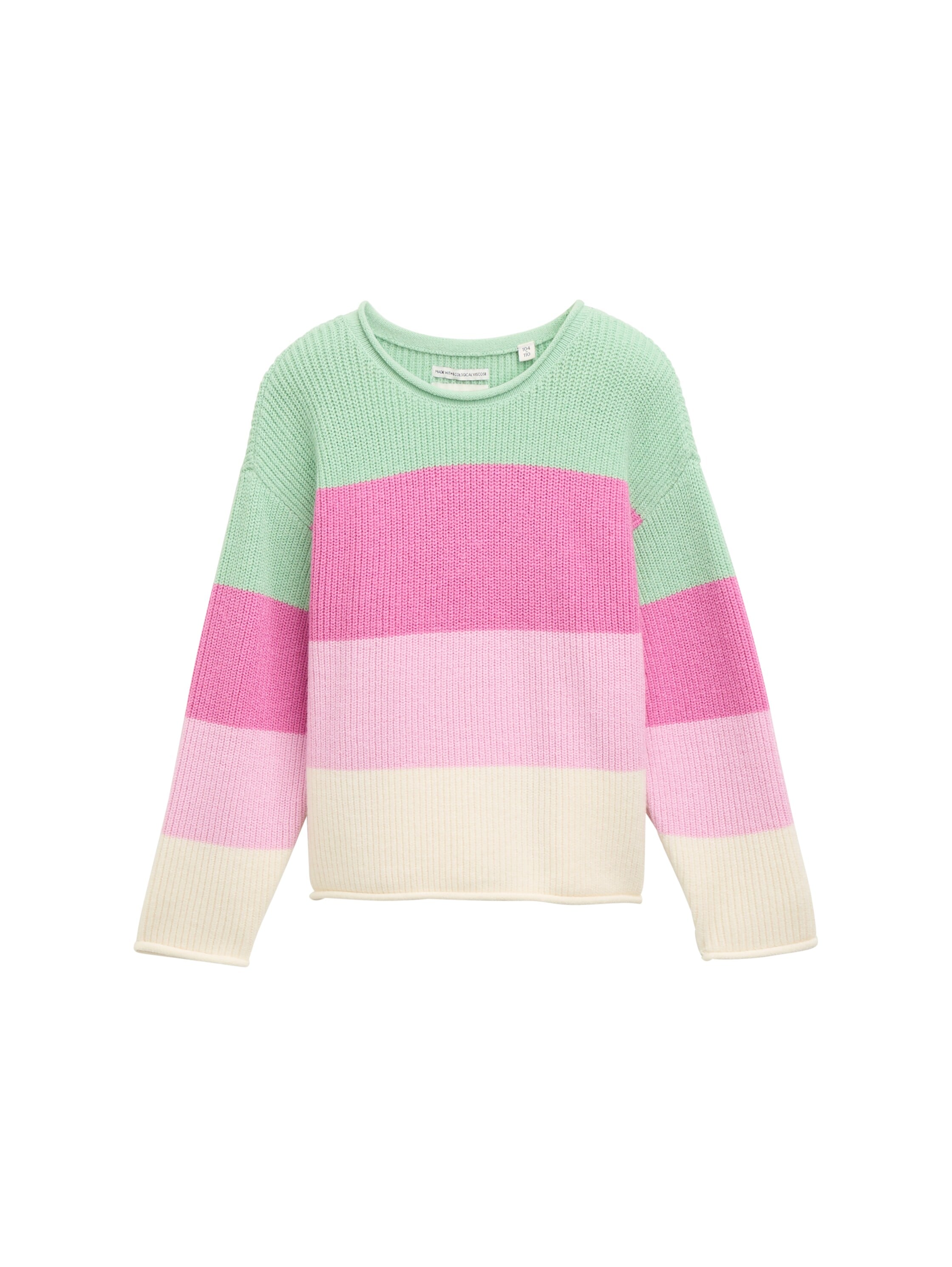 Jacquardpullover TOM TAILOR, Jungen, Gr. 104, multicolor grün block stripe, Strick, Obermaterial: 52% Viskose, 27% Polyester, 21% Polyamid, gestreift, regular fit taillenbedeckt, Rundhals, Pullover, mit Streifen Muster