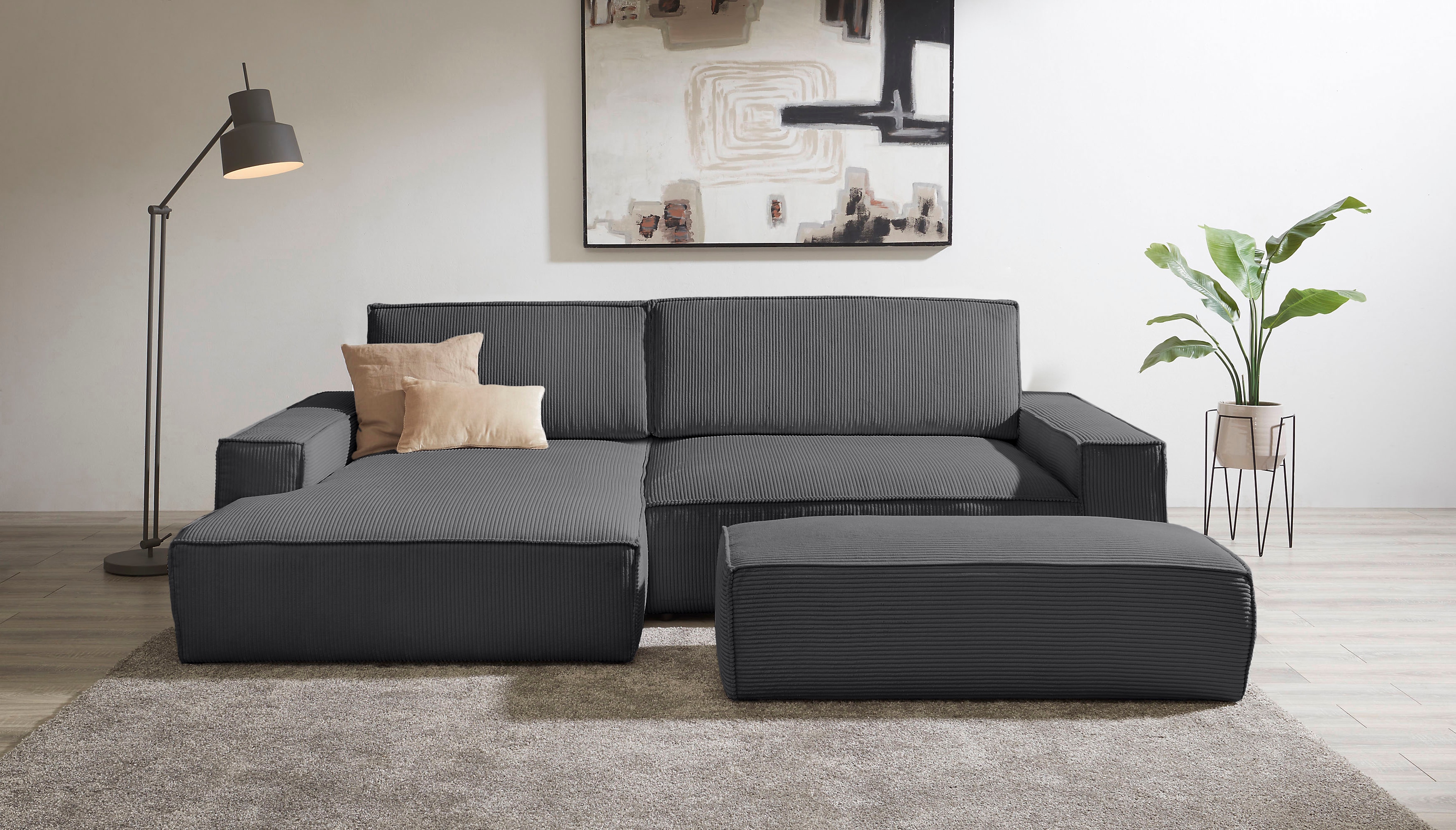 Polsterecke HOME AFFAIRE "SHERWOOD XXL tief, L-Form, Schlaffunktion, Bigsofa, Cord, Leinenoptik", anthrazit, B:284cm H:90cm T:135cm, 100% Polyester, Sofas, stellbar zum Schlafsofa (Krokodilverbinder), Cord, Leinenoptik