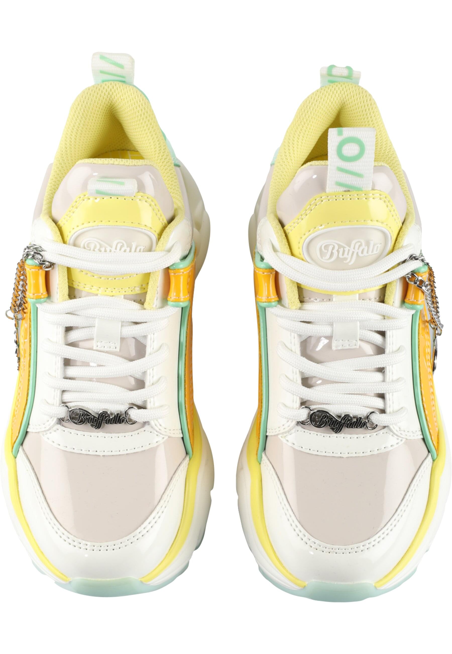Trainingsschuh BUFFALO "Buffalo BINARY GLAM", Damen, Gr. 36, weiß, gelb, mint, Polyurethan, Schuhe