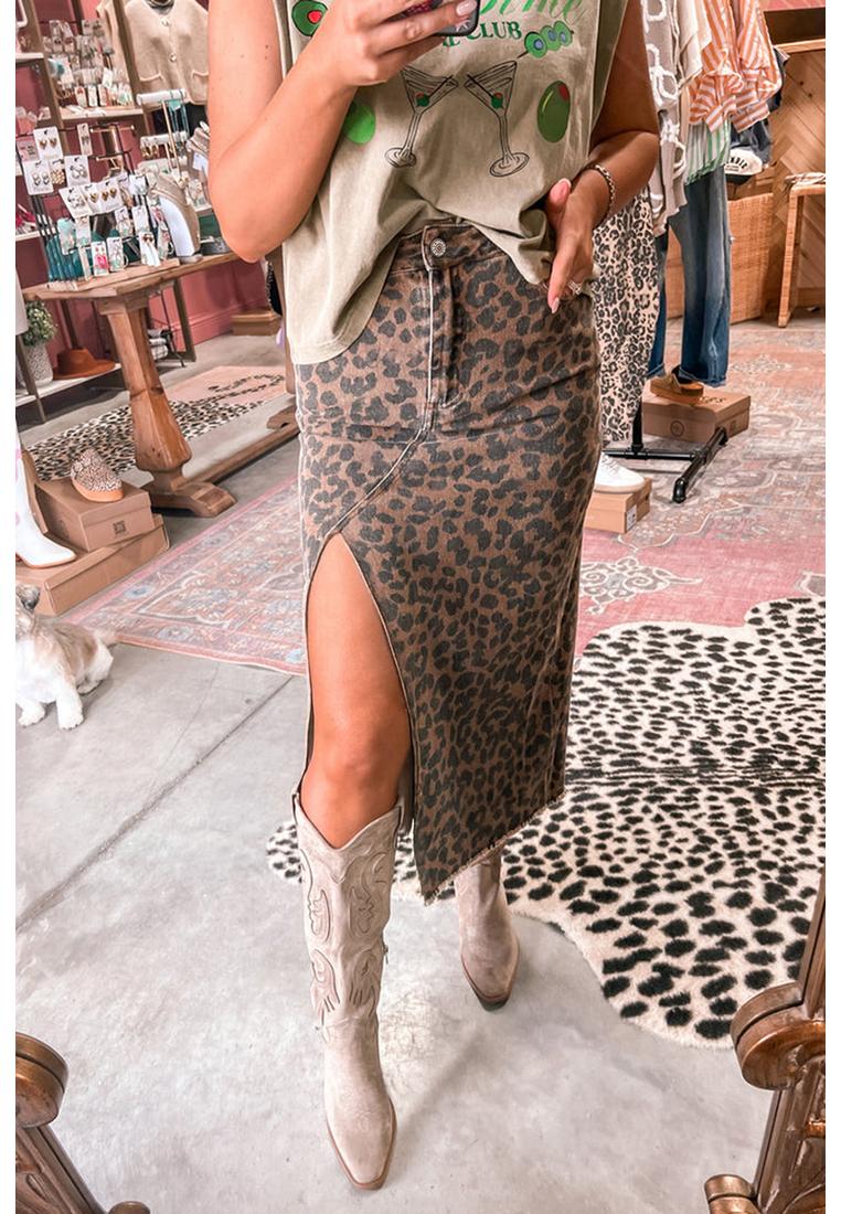 Tierdruck-Denimrock mit asymmetrischem Saum und Schlitz Image