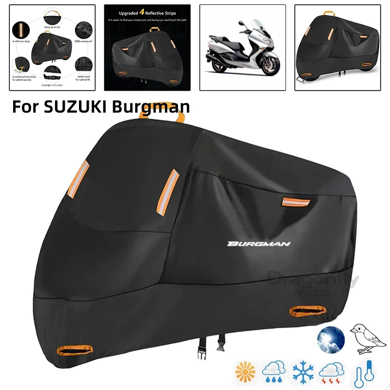 Burgman Logo Motorrad Abdeckung Wasserdichte Outdoor Roller UV Schutz Regen Abdeckung Für Suzuki Burgman 400 650 125 AN400 AN650 EINE Image