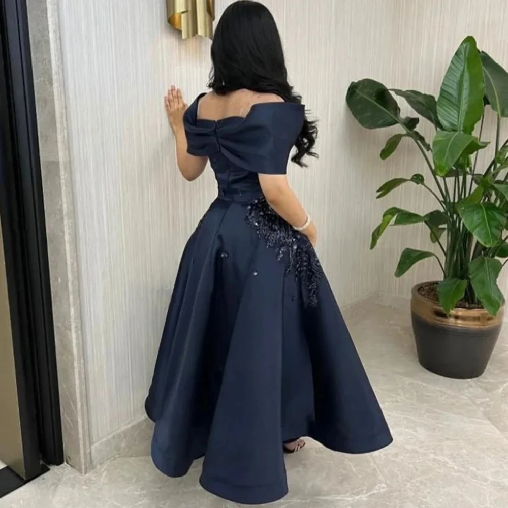 Navy Evening Dress Customized Elegant Applique Off Shoulder A Line Evening Gowns Ankle Length Satin Formal Party Dress 2026