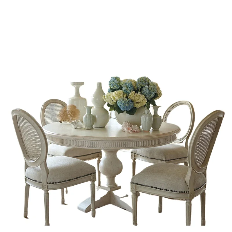 Amerikanischer Landhaus-Esstisch und Stühle aus massivem Holz, runder Tisch, französischer Retro-weißer alter runder kleiner Apartment-Esstisch Image