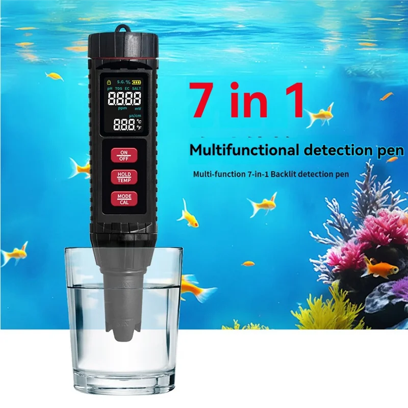A76X-7 In 1 Digitaler Wasserqualitätstester für Aquarium Pool–ORP PH TDS EC Meter mit Salzgehalt SG Temperatur Multifunktion Image