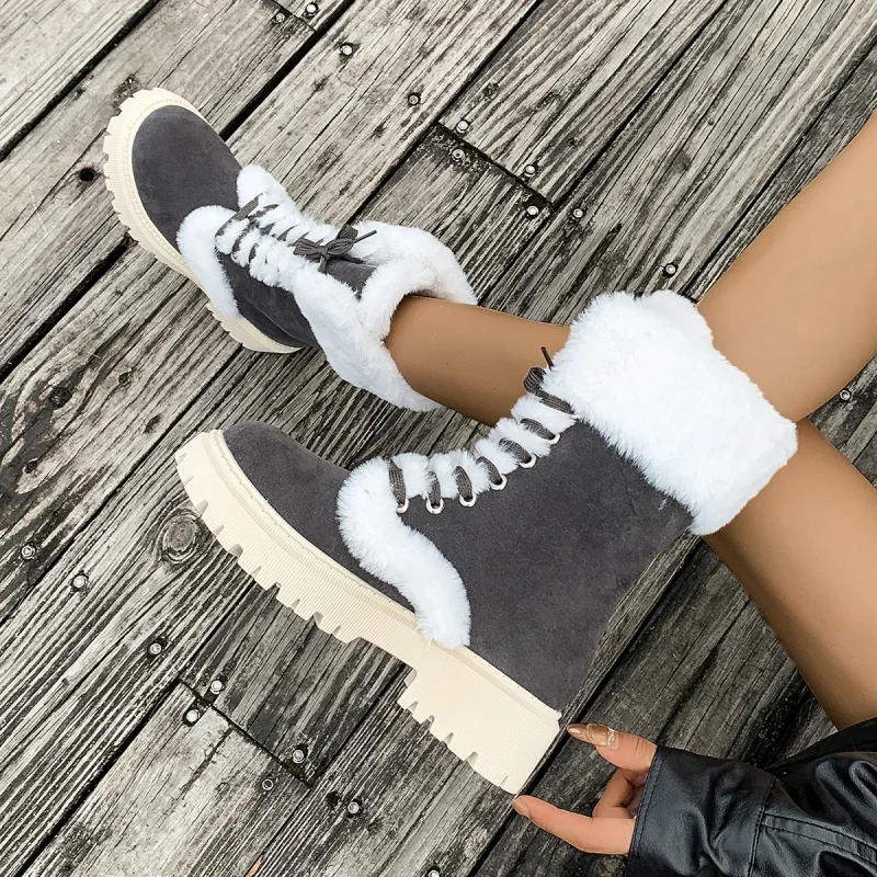 Damen-Freizeitstiefel, Winterschuhe, Damenstiefel, dicker Boden, niedriger Absatz, Schnürstiefeletten, Damen-Winterstiefel mit mittlerer Wade