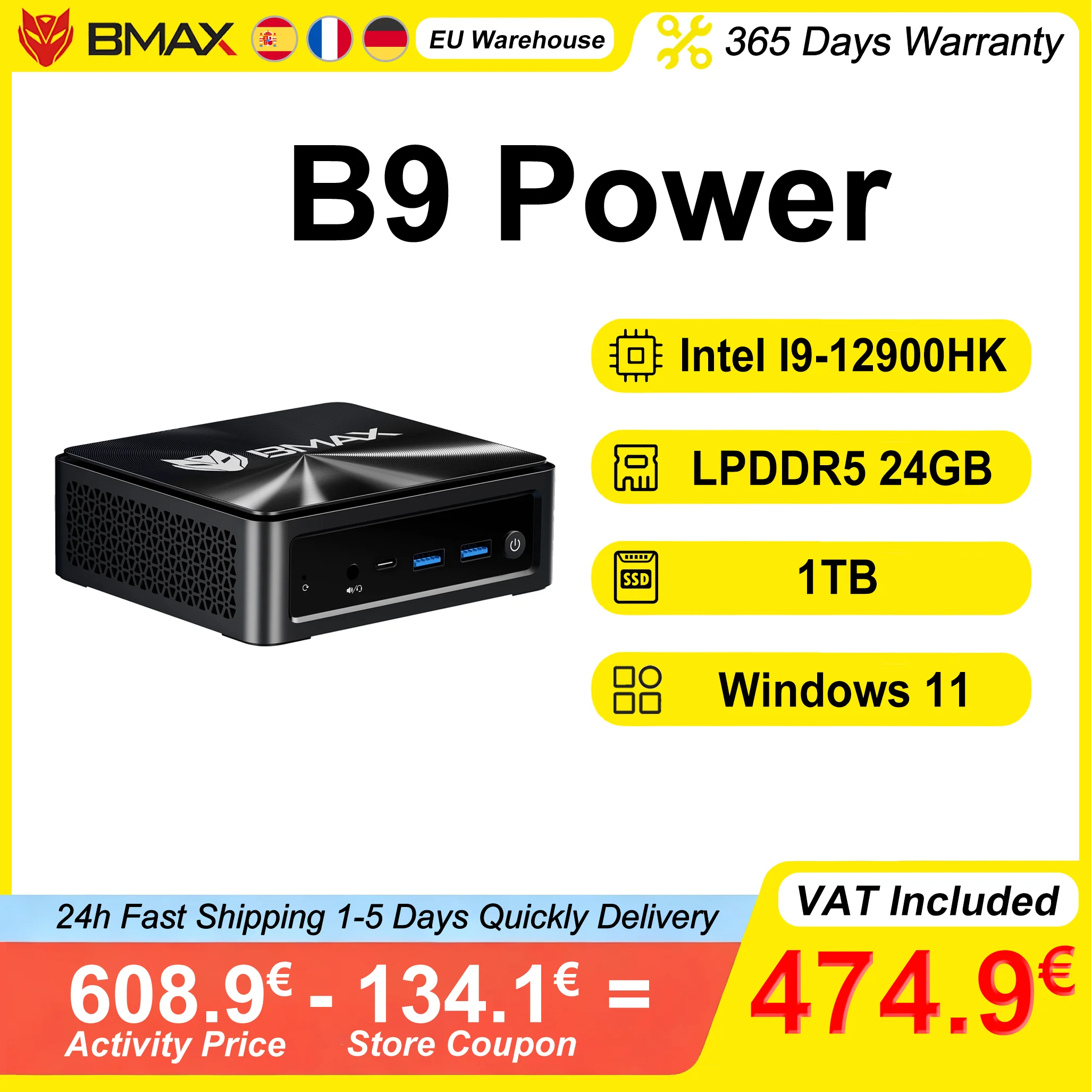 BMAX Mini PC B9 Power LPDDR5 24 GB RAM 1 TB NVMe SSD Intel Core i9 12900HK Windows 11 unterstützt bis zu 4K bei 60 Hz Image