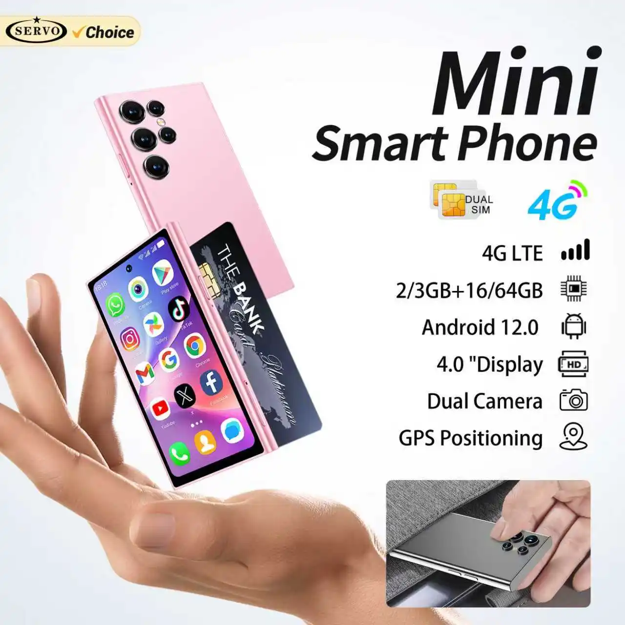 SERVO S27 MINI 4G LTE Cute Smartphone Android 12.0 OS 16GB/64GB ROM Play Store GPS 4.0