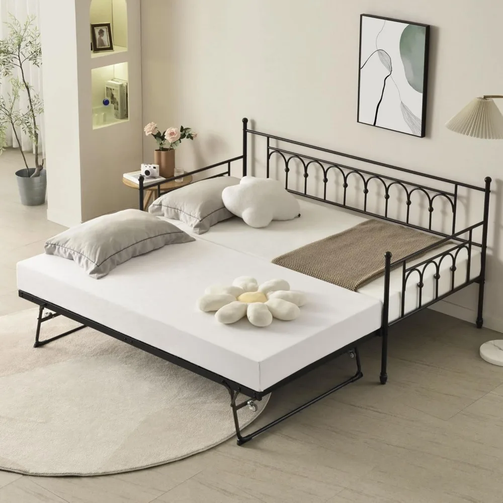 Twin Day Bed with Trundle Bed Twin, Metal Daybed with Trundle Twin Size, Space Saving Daybed with Pop Up Trundle Bed Frame