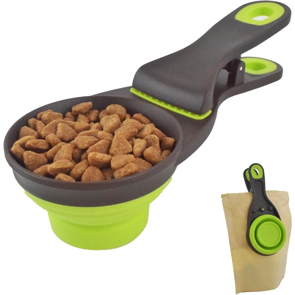 Multifunktionale Hundefutternapfel mit Messungen und Beutelclip, zusammenklappbarer Messbecher für Hundefutter, Futilicone-Messlöffel Image