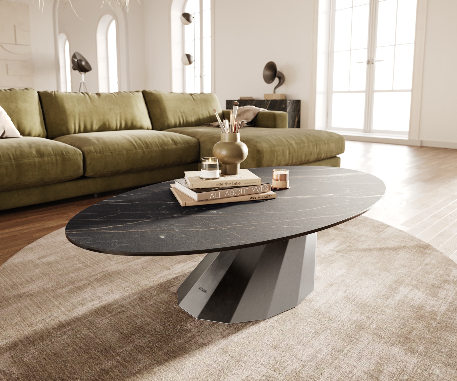 DELIFE Couchtisch Edge Oval 140x80 cm Keramik Laminam® Noir Desir Braun Parabi Edelstahl gebürstet, Couchtische Image