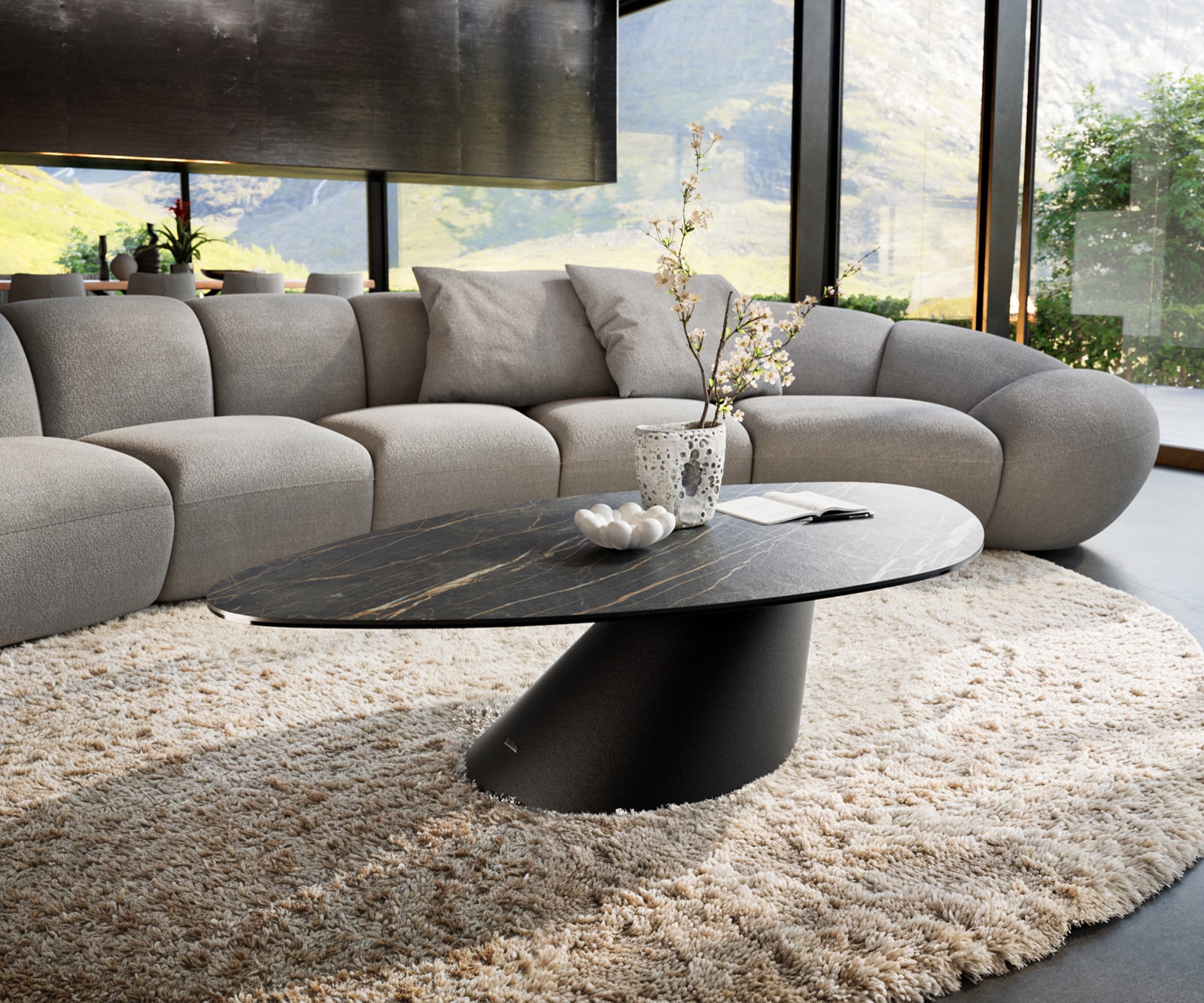 DELIFE Couchtisch Edge Organisch 140x76 cm Keramik Laminam® Noir Desir Braun Conis Metall Schwarz, Couchtische Image