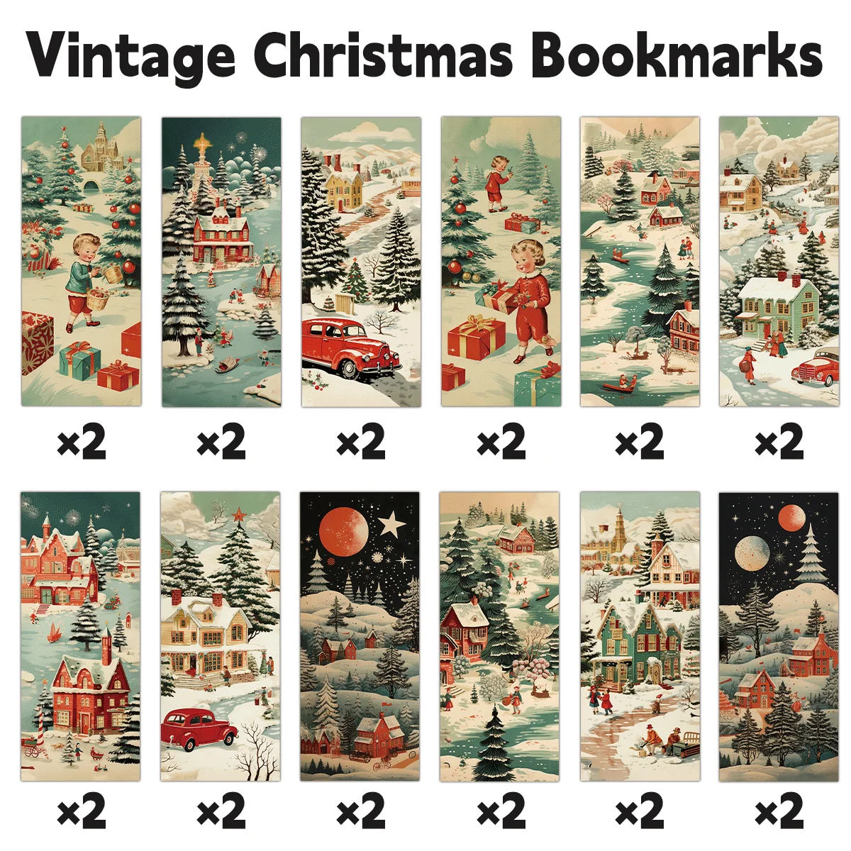 24 Stück Vintage-Weihnachts-Lesezeichen, Winterszenen-Design, Papiermarkierung für Buchliebhaber, Tagebücher, Planer, Weihnachtsgeschenk, saisonale Dekoration Image