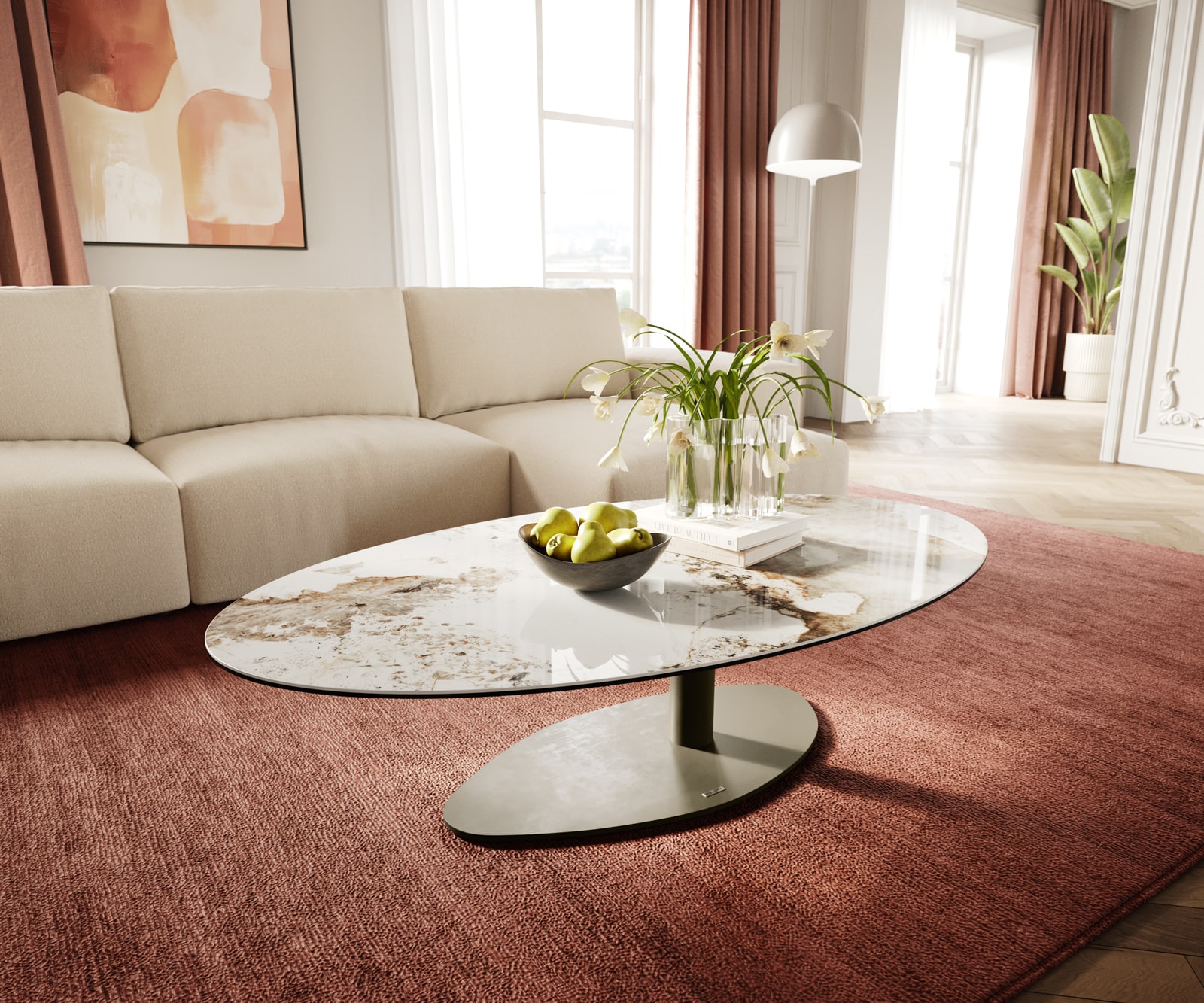 DELIFE Couchtisch Edge Oval 140x80 cm Keramik Minas Melange Vibany Metall Effektfinish Titan, Couchtische Image