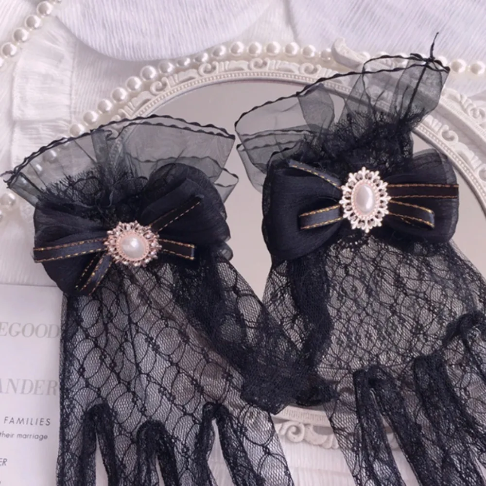 Schöne Gothic Schwarz Weiß Spitzenhandschuhe Spitze Weiche Blumen Spitzenhandschuhe Gothic Lolita Mesh Schleife Handschuh Cosplay