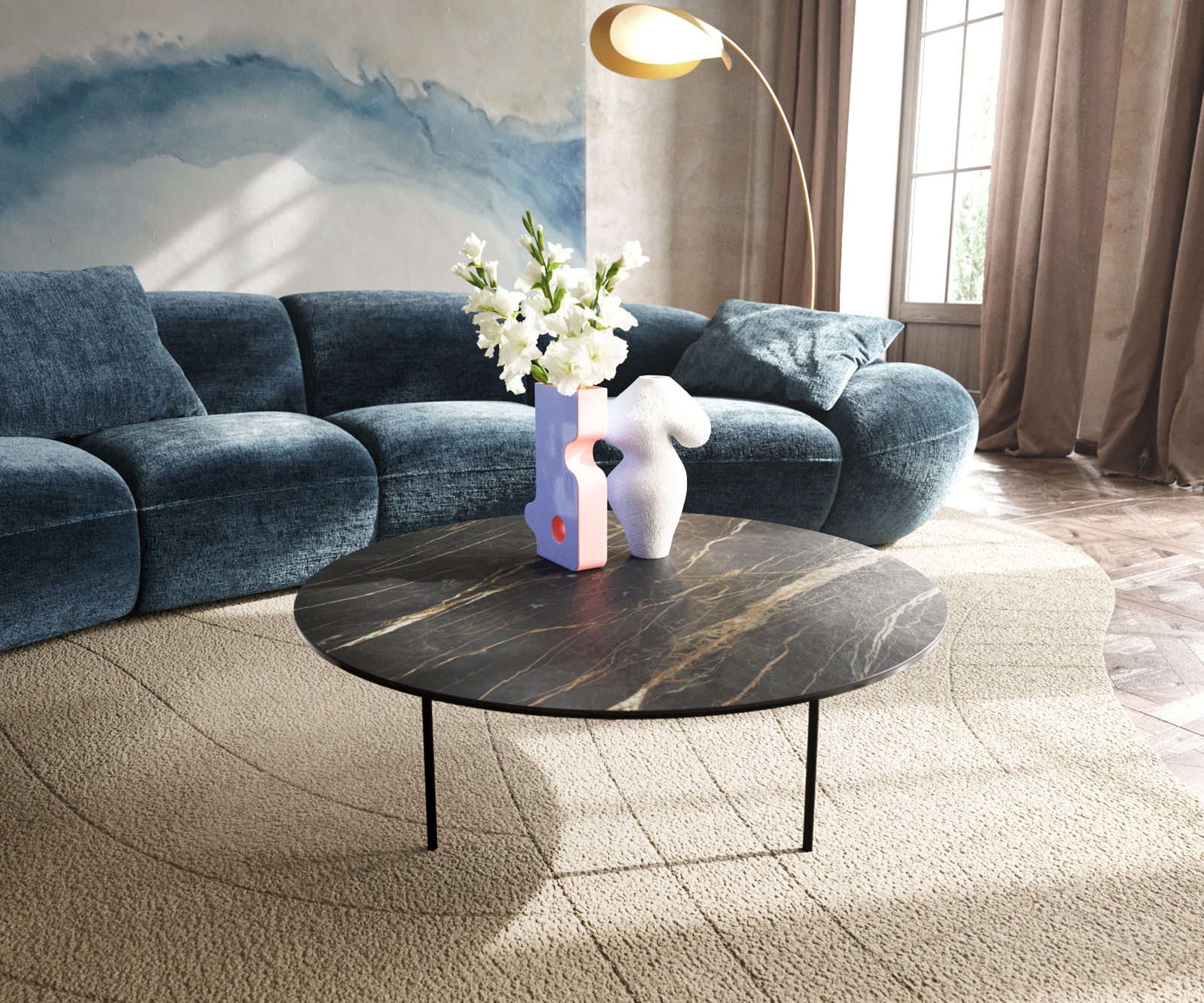 DELIFE Couchtisch Edge Rund 90x90 cm Keramik Laminam® Noir Desir Braun Trive Metall Schwarz, Couchtische Image