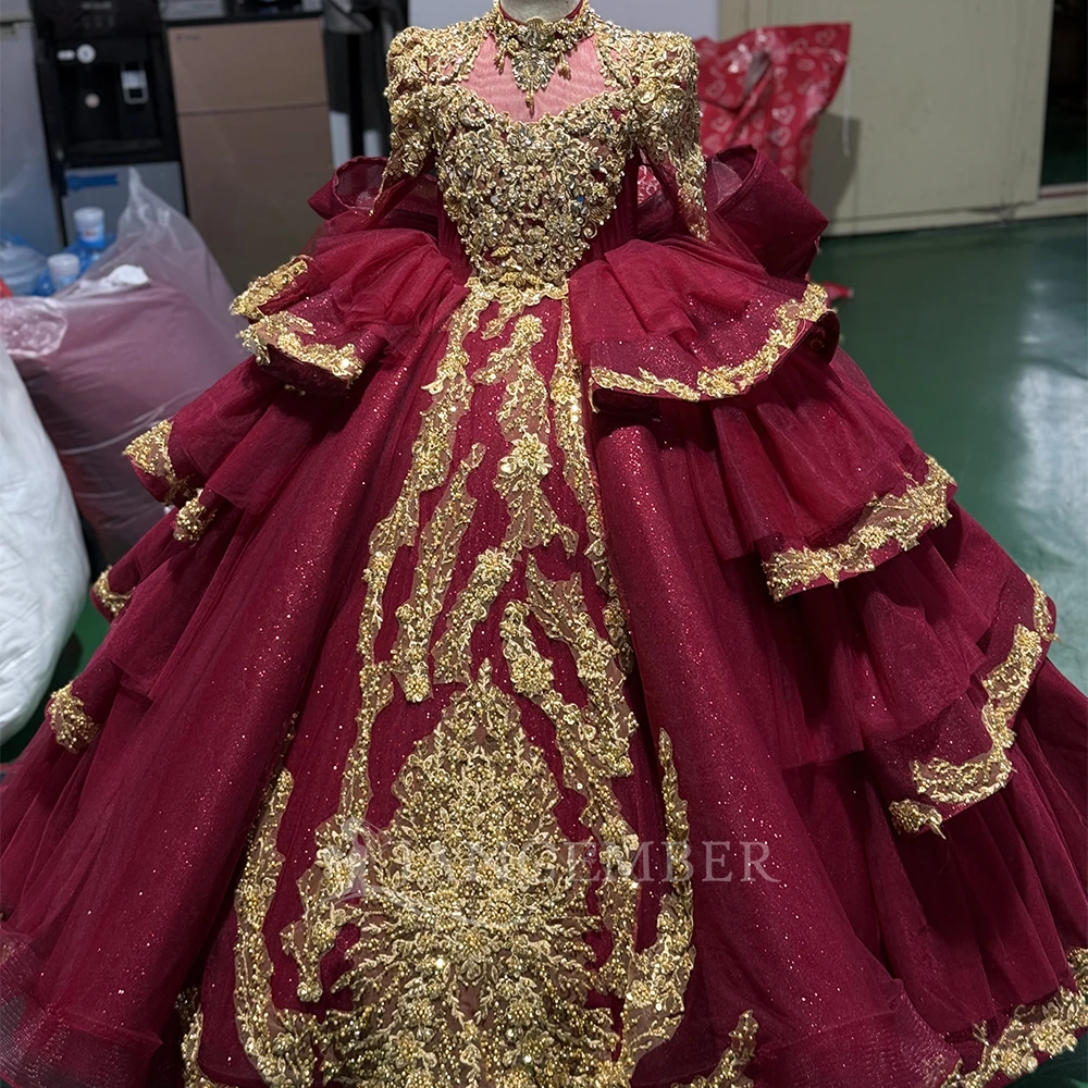 Ballkleid Quinceanera Kleid Kinderkleidung Glänzende Spitze Rüschen Stehkragen Korsett Sweet 16, Vestidos De 15 Anos Maßgeschneidert Image