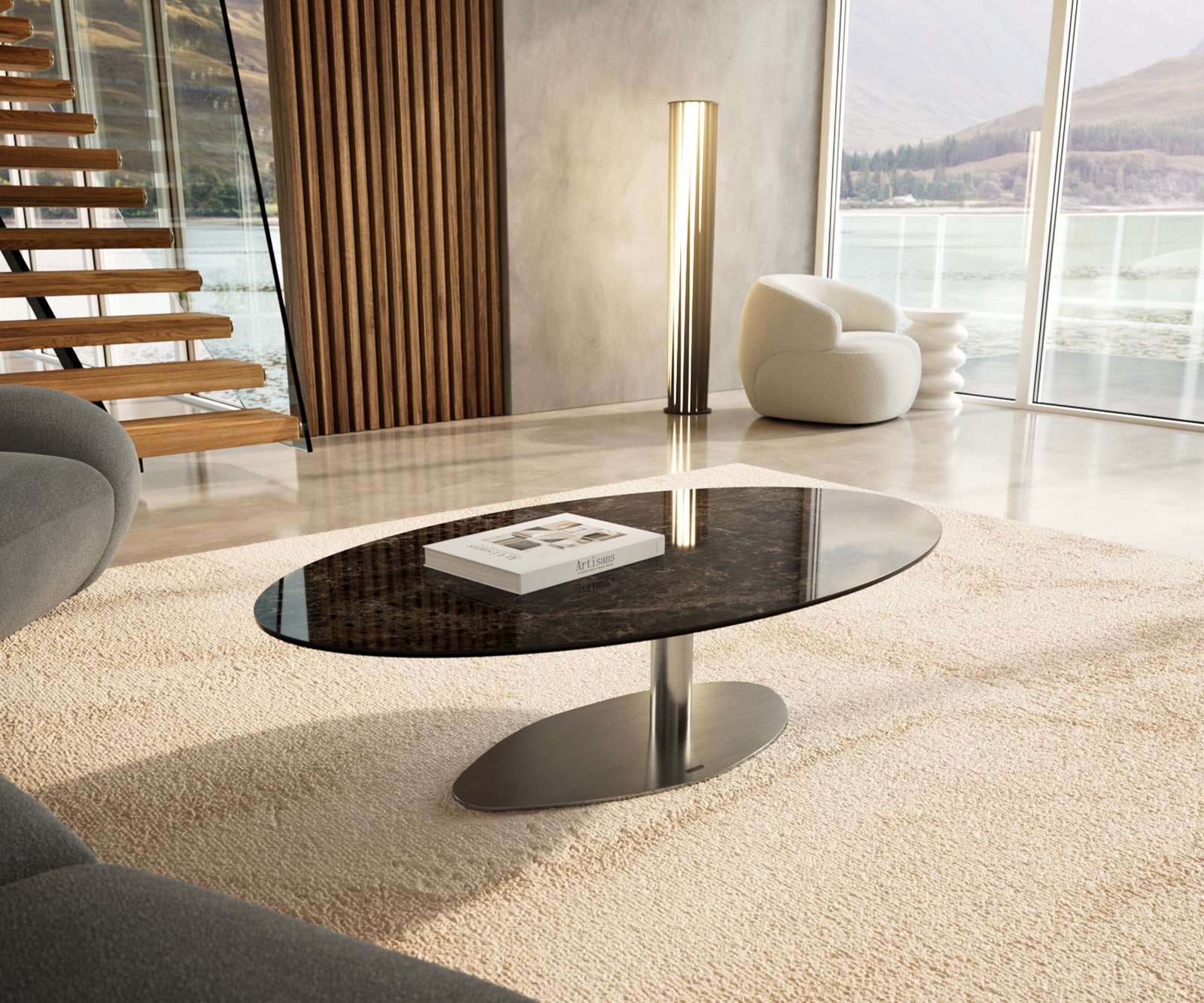 DELIFE Couchtisch Edge Oval 140x80 cm Keramik Laminam® Emperador Extra Lucidato Dunkelbraun Vibany Edelstahl gebürstet, Couchtische Image
