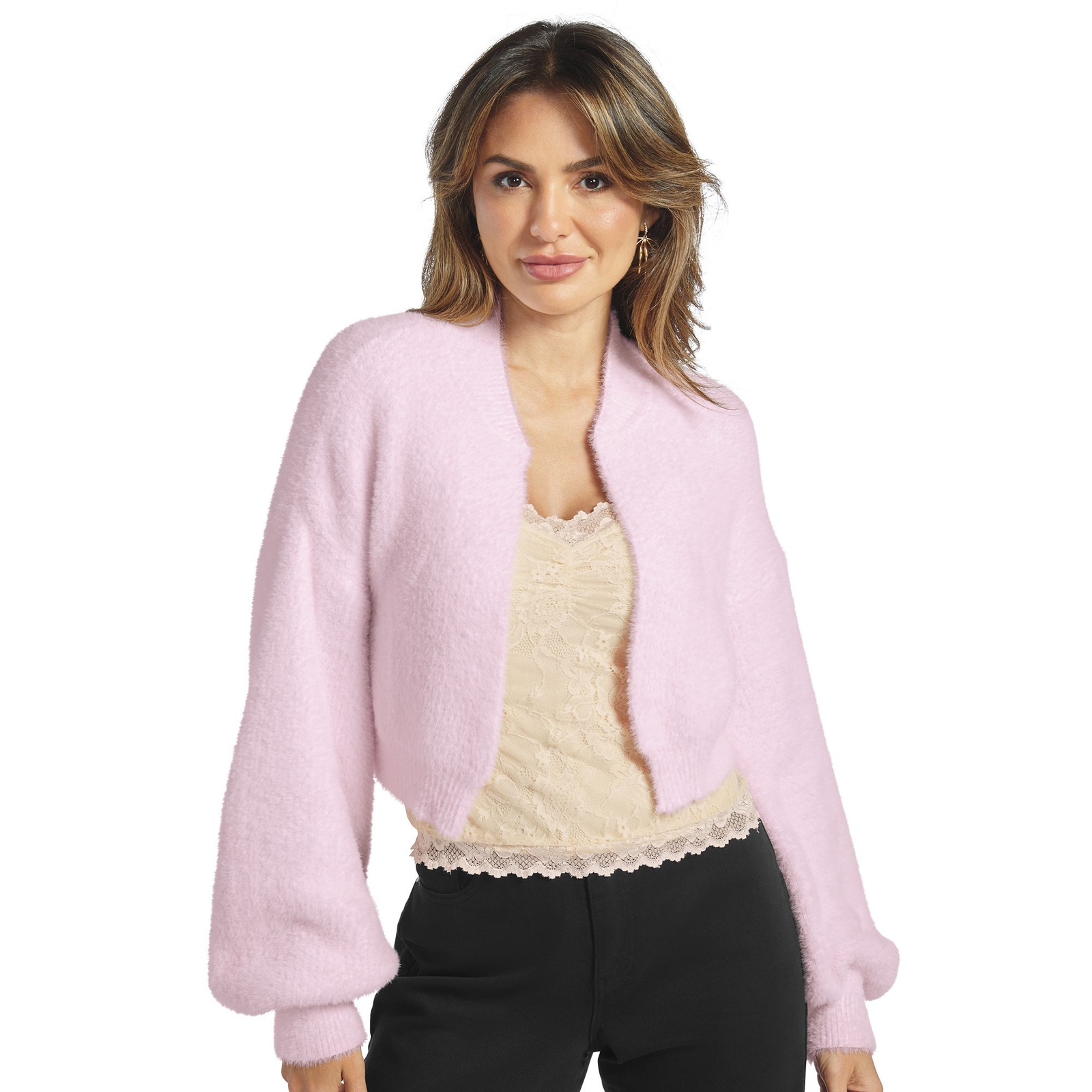 Masseys Fuzzy Cardigan (Size 1X) Pink Glass, Acrylic