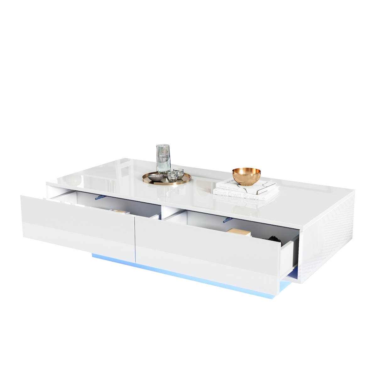 OKWISH Hochglanz Couchtisch 115x34x55 cm mit LED-Beleuchtung, 2 Schubladen, stabiler Stauraum, modernes Wohnzimmer Design, Weiß Image