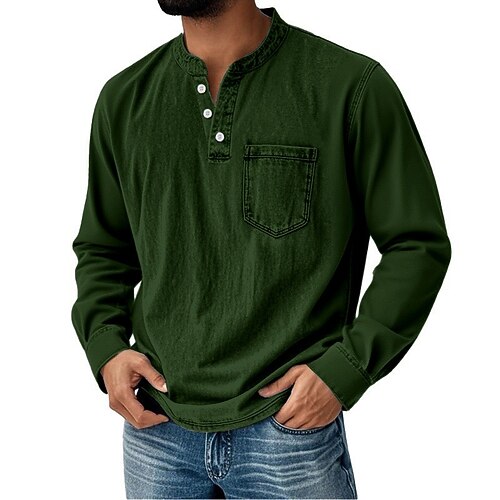 Herren Henley Hemd Hemd aus 100 % Baumwolle in Säurewaschung Langarm Henley Frühling Herbst Ganzjahres Vintage Retro Vintage Lässig Tasche Vintage-Stil Gewaschen Lässig Schwarz Koffee Rosa Top Image