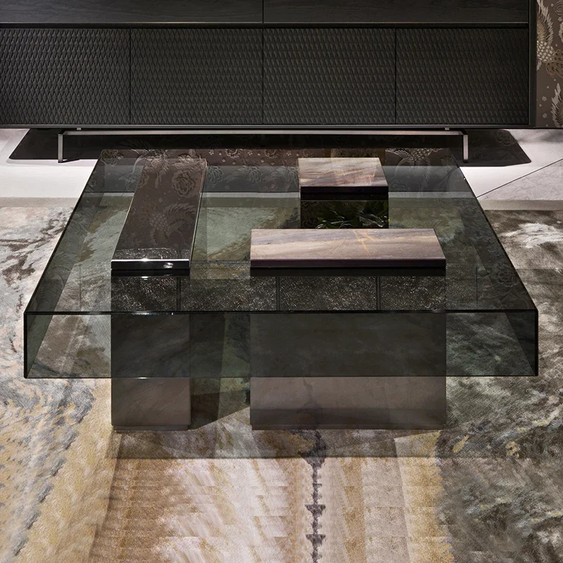 Couchtisch aus Glas, Designer-Tisch aus gehärtetem Glas, quadratischer Couchtisch, Wohnzimmer, einfacher moderner niedriger Tisch aus Edelstahl