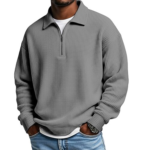 Herren Waffel-Poloshirts Textur Lässig Outdoor Viertelreißverschluss Langarm Mode Modern Einfarbig Texture Gestrickt Frühling Herbst Ganzjahres Lässiger Schnitt Schwarz Marineblau Dunkelgrün Purpur Image