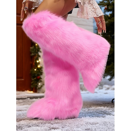 Kniehohe Damenstiefel aus Kunstpelz – Schwarz-Weiß-Print, gemütliche Winterschuhe für modischen Kaltwetter- und Urlaubsstil Image