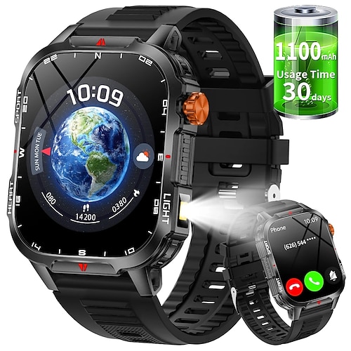 Neue globale Smartwatch 2,01 Zoll 1100 mAh große Batterie LED-Licht Kompass Herren Outdoor-Sportuhr Sprachassistent drahtloser Anruf Image