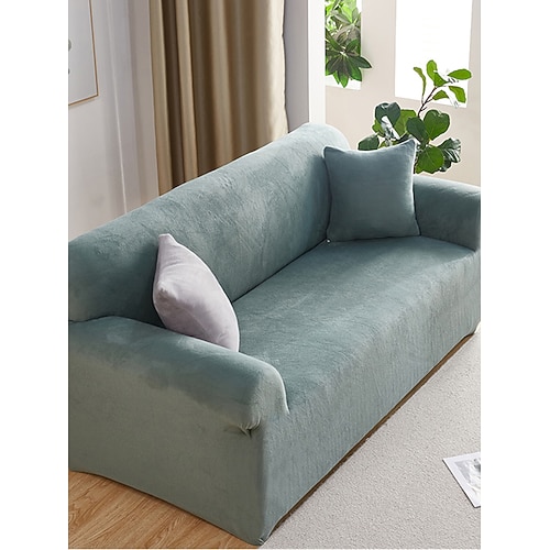 1 Stück winterwarmer, plüschiger, einfarbiger, elastischer Sofabezug – moderner, minimalistischer, rutschfester, universeller Sofaschutz, geeignet für L-förmige Sofas und 1/2/3/4-Sitzer-Sofas Image