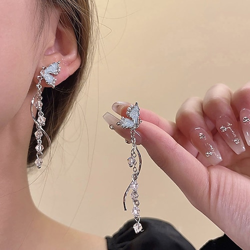 elegante Schmetterlings-Ohrhänger – lange silberne Ohrhänger mit Kristallakzenten für Damen Image