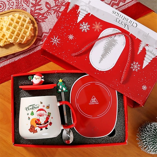 Frohe Weihnachten Geschenke Kit warm 55 Weihnachtsmann Muster Kaffeetasse Löffel Sets Holzdeckel Schneemann Keramikbecher für den Büro- und Heimgebrauch Image